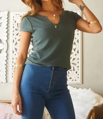 Time After Time Fitted Tee With V Neck In Dusty Sage In Black