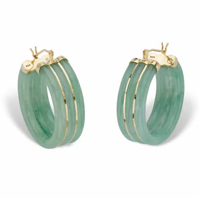 Palm Beach Jewelry Genuine Green Jade 14k Gold-plated Sterling Silver Hoop Earrings 1.33" In Green