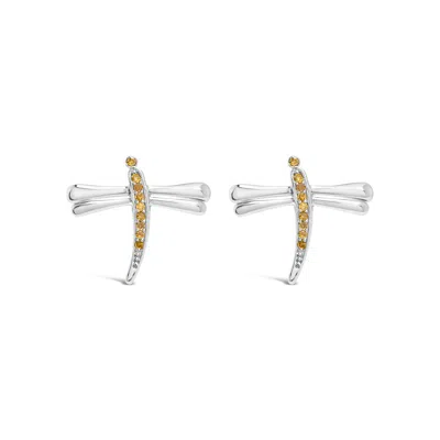 Haus Of Brilliance .925 Sterling Silver Yellow Diamond Accent Dragonfly Stud Earrings In White