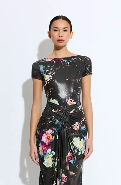 Lapointe Floral Jersey Short Sleeve Boatneck Bodysuit In Technicolor Floral