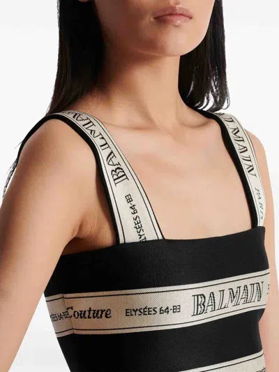 Balmain Striped Jacquard Crop Top In Black