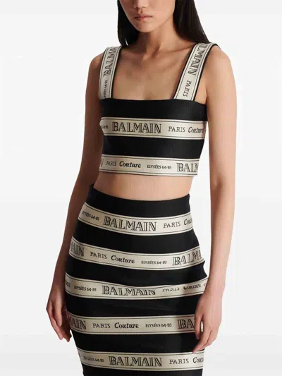 Balmain Striped Jacquard Crop Top In Black