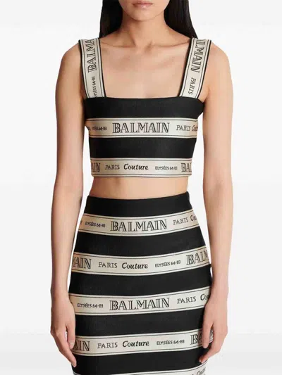 Balmain Striped Jacquard Crop Top In Black