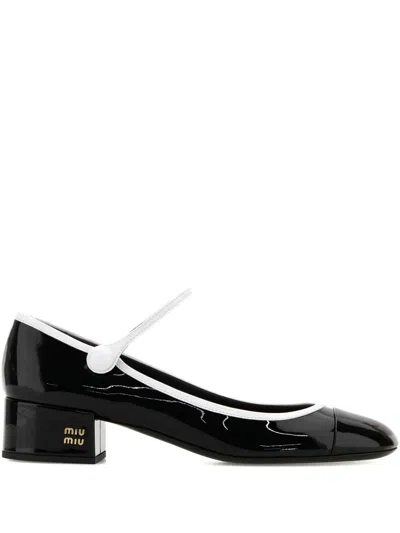 Miu Miu Bicolor Patent Leather Block-heel Mary Jane Pumps In Black