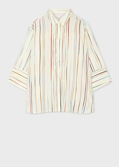 Paul Smith Striped Silk Shirt 3/4 Sleeves In Neutral