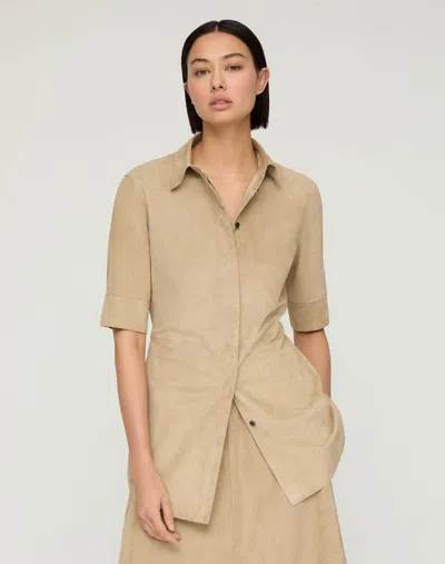 Lafayette 148 Suede Leather Button Up Short Sleeve Shirt In Multi