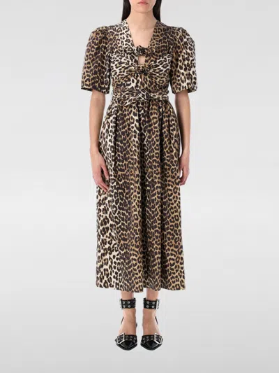 Ganni Leopard Printed Cotton Tie Strap Midi Dress In Brown
