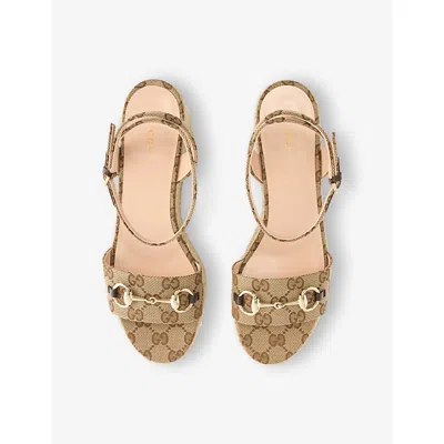 Gucci Lady Horsebit Gg Canvas Espadrille Wedges In Beige