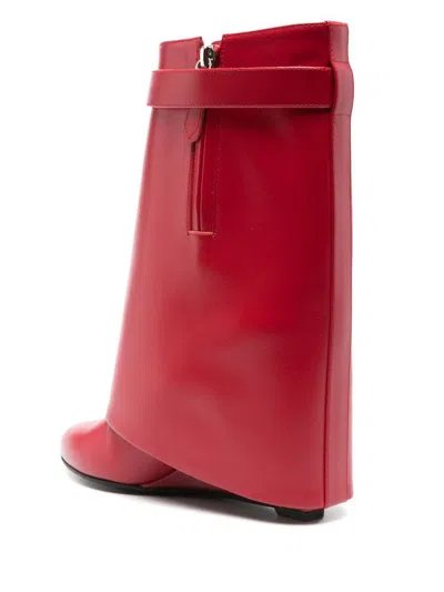 Givenchy Shark Lock Buckles Ankle Boots In Leather In Rouge
