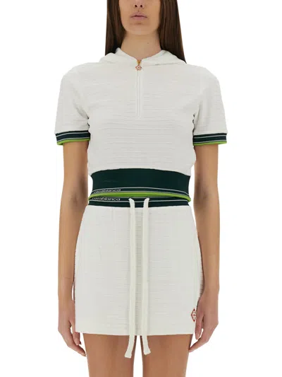 Casablanca Hooded Short Top Striped Trim In White