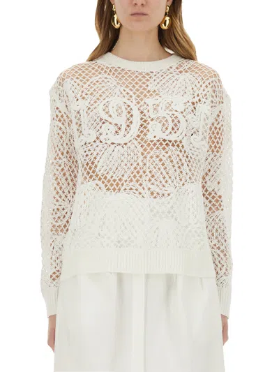 Max Mara Mesh Crew Neck Sweater Numeric Pattern In White