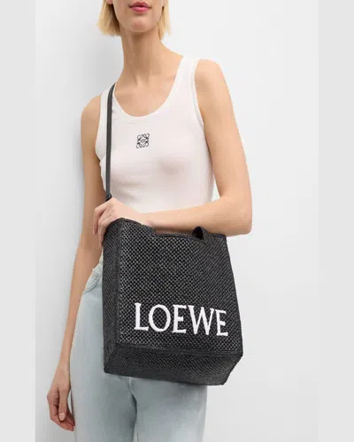 Loewe Logo Medium Tote Bag In Raffia In Black