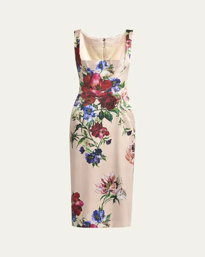 Dolce & Gabbana Flower Print Satin Sheath Longuette Dress In Beigprtflo
