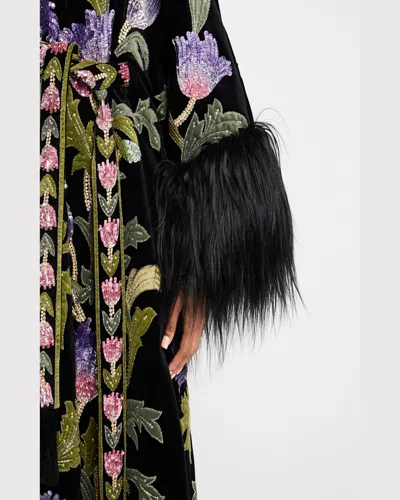 Valentino Sequined Velvet Wrap Coat With Goat Shearling Trim In Multi