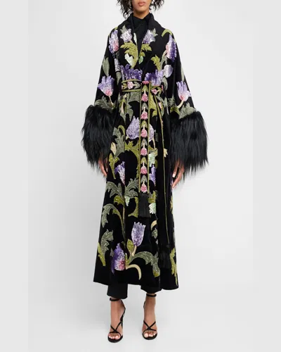 Valentino Sequined Velvet Wrap Coat With Goat Shearling Trim In Multi