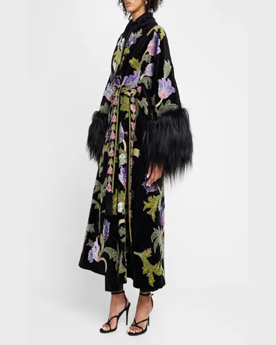 Valentino Sequined Velvet Wrap Coat With Goat Shearling Trim In Multi