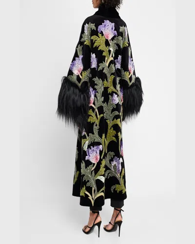 Valentino Sequined Velvet Wrap Coat With Goat Shearling Trim In Multi