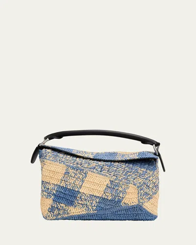 Loewe Small Puzzle Edge Shoulder Bag In Gingham Raffia In Naturallight Blue