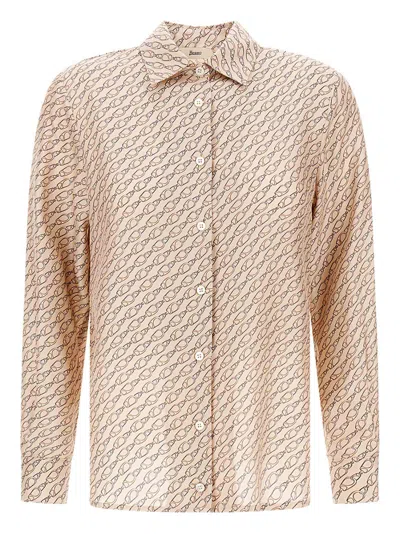 Herno Camel Mulberry Silk Shirt With Unique Hook Print In Brown