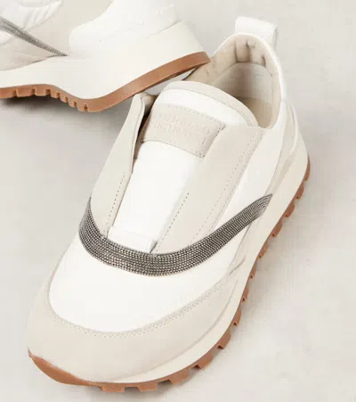 Brunello Cucinelli Monili Leather-trimmed Sneakers In White