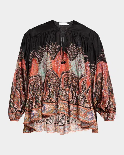 Zimmermann Rhiannon Ruffle Billow Silk Blouse In Black Paisley  In Black