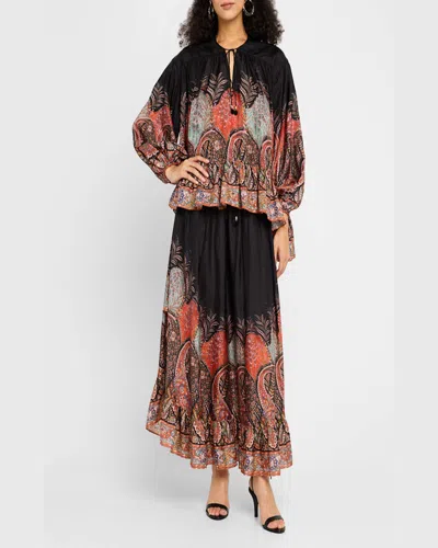 Zimmermann Rhiannon Ruffle Billow Silk Blouse In Black Paisley  In Black