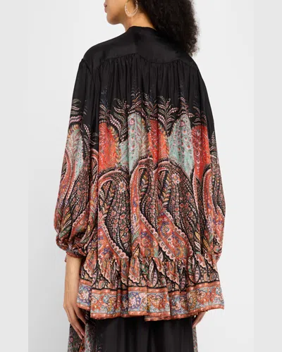 Zimmermann Rhiannon Ruffle Billow Silk Blouse In Black Paisley  In Black