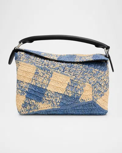 Loewe Small Puzzle Edge Shoulder Bag In Gingham Raffia In Naturallight Blue