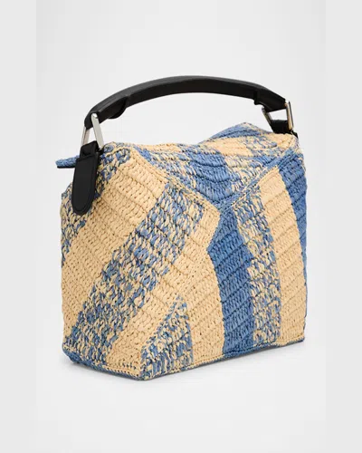 Loewe Small Puzzle Edge Shoulder Bag In Gingham Raffia In Naturallight Blue