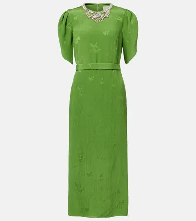 Erdem Crystal Necklace Floral Embroidered Short Sleeve Cocktail Dress In Green