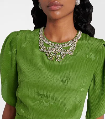 Erdem Crystal Necklace Floral Embroidered Short Sleeve Cocktail Dress In Green