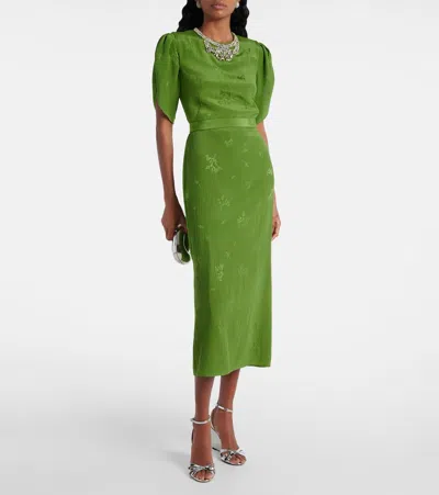 Erdem Crystal Necklace Floral Embroidered Short Sleeve Cocktail Dress In Green