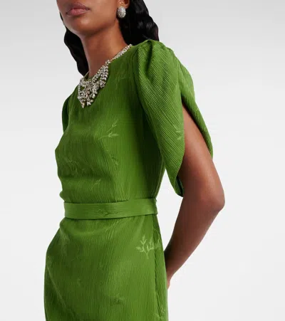 Erdem Crystal Necklace Floral Embroidered Short Sleeve Cocktail Dress In Green