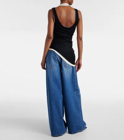 Jean Paul Gaultier Cotton Ribbed Twisted Double Layer Tank Top In Black