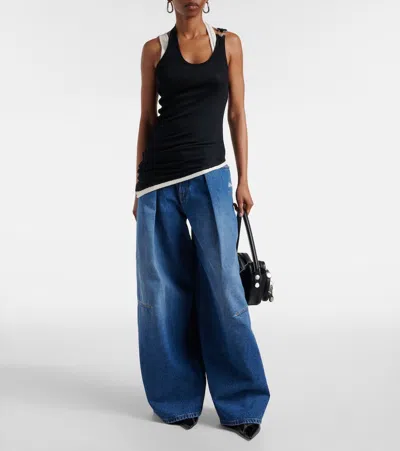 Jean Paul Gaultier Cotton Ribbed Twisted Double Layer Tank Top In Black