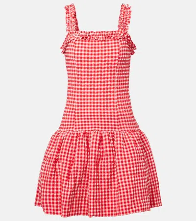 Ganni Stretch Seersucker Strap Ruffle Mini Dress In Pink