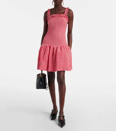 Ganni Stretch Seersucker Strap Ruffle Mini Dress In Pink