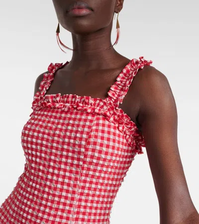 Ganni Stretch Seersucker Strap Ruffle Mini Dress In Pink