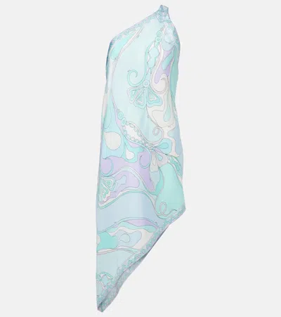 Pucci Orchidee Asymmetric Silk Twill Minidress In Blue