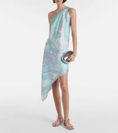 Pucci Orchidee Asymmetric Silk Twill Minidress In Blue