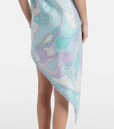 Pucci Orchidee Asymmetric Silk Twill Minidress In Blue