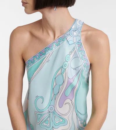 Pucci Orchidee Asymmetric Silk Twill Minidress In Blue