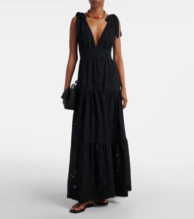 Poupette St Barth Perla Embroidered Cotton Maxi Dress In Black