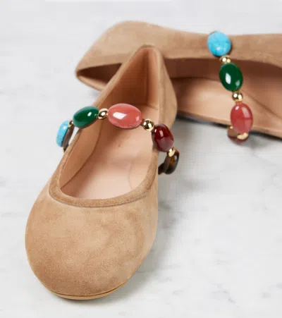 Gianvito Rossi Shanti Embellished Suede Ballet Flats In Beige