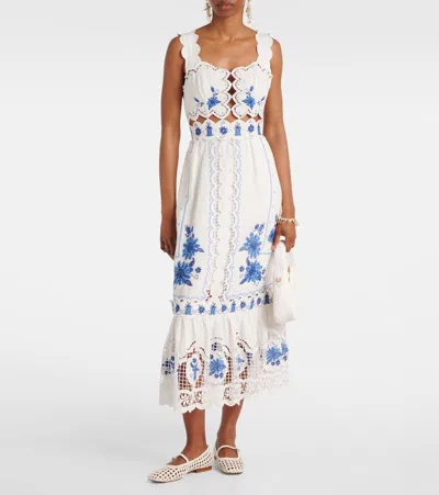 Farm Rio Cross Stitch Richeliue Sunflower Midi Dress Off-white In White