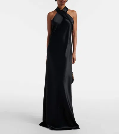 Galvan Pandora Halterneck Satin Gown In Black