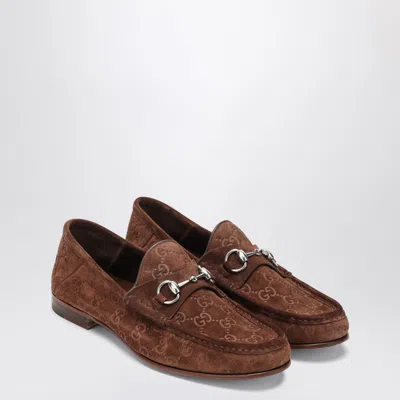Gucci Men Suede Loafers With All-over Gg Motif In Brown