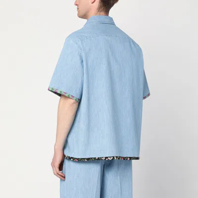 Valentino Garavani Denim Bowling Shirt With Floral Trim In Light Blue