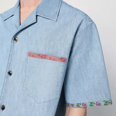 Valentino Garavani Denim Bowling Shirt With Floral Trim In Light Blue