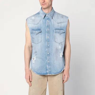 Mm6 Maison Margiela Mm6 By Maison Margiela Short-sleeved Denim-effect Shirt With Flap Pockets In Blue